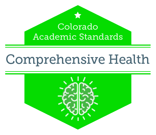 This is a image representing the Colorado Academic Standards for Comprehensive Health. The image include a brain indicating the importance of health and learning