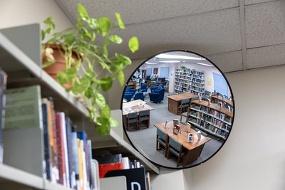 Bookshelf with mirror reflecting a library