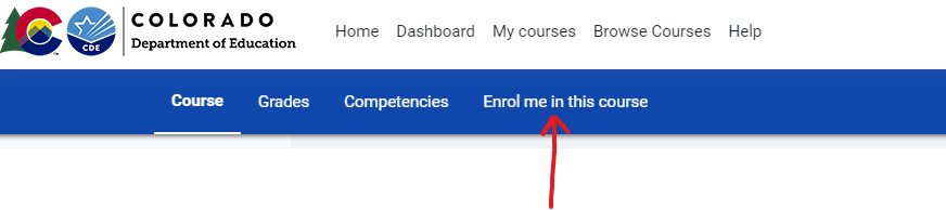screenshot of tool bar with arrow pointing to Enroll me in this course